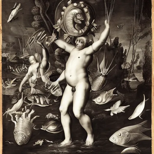 Image similar to by herbert list, by raphael, by jan van kessel the elder tired seashell. a experimental art of a mythological scene. large, bearded man seated on a throne, surrounded by sea creatures. he has a trident in one hand & a shield in the other. behind him is a large fish. in front of him are two smaller creatures.