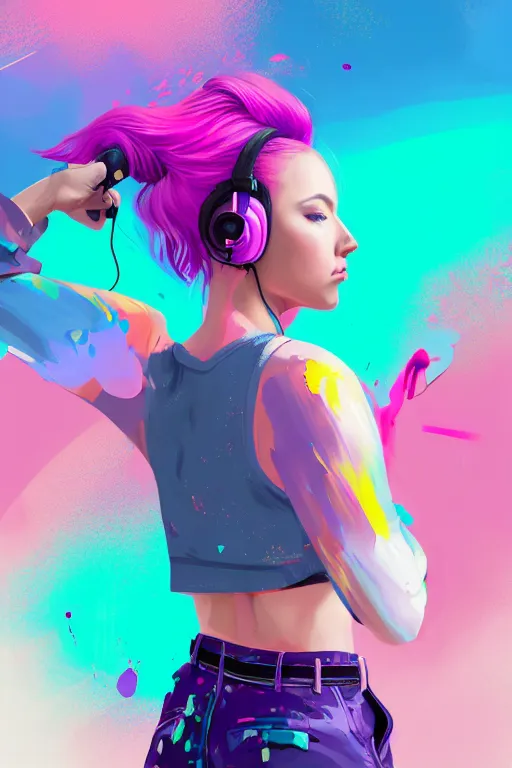 Image similar to a award winning half body portrait of a beautiful woman in a croptop and cargo pants with ombre purple pink teal hairstyle with head in motion and hair flying listenin to music on headphones by wlop, paint splatter, outrun, vaporware, shaded flat illustration, digital art, trending on artstation, highly detailed, fine detail, intricate