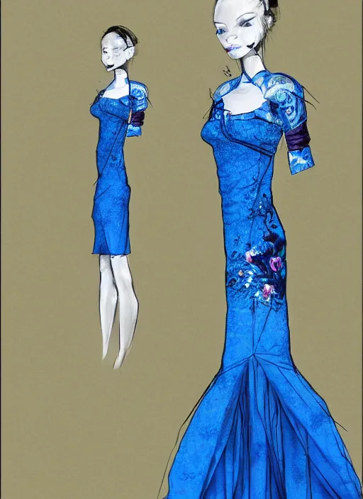 Image similar to blue qipao dress, fantasy illustration, concept art, dress design by alexander mcqueen