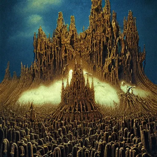 Image similar to cathedral made of bones, dragons fighting in the air, hellscape by beksinski