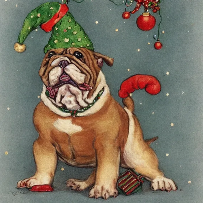 Image similar to cute bulldog puppy wearing a christmas hat by louis wain