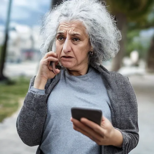 Image similar to astonished and angry middle aged lady looking at smartphone, wild hair, greek ethnicity, straight grey hair, angry eyes, photo, realistic, outdoor lighting, 4 k, 8 k, hd, 3 9 mm lens
