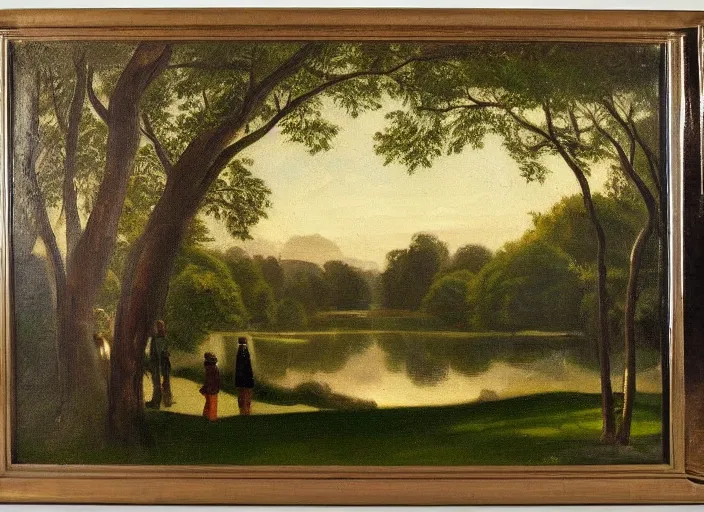 Prompt: central park, new york in 1 9 3 0 in the style of hudson river school of art, oil on canvas