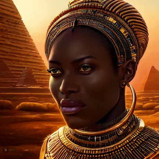 Image similar to highly detailed portrait of an african egyptian goddess, intricate alien technology, stephen bliss, unreal engine, fantasy art by greg rutkowski, loish, rhads, ferdinand knab, makoto shinkai and lois van baarle, ilya kuvshinov, rossdraws, tom bagshaw, global illumination, radiant light, detailed and intricate environment