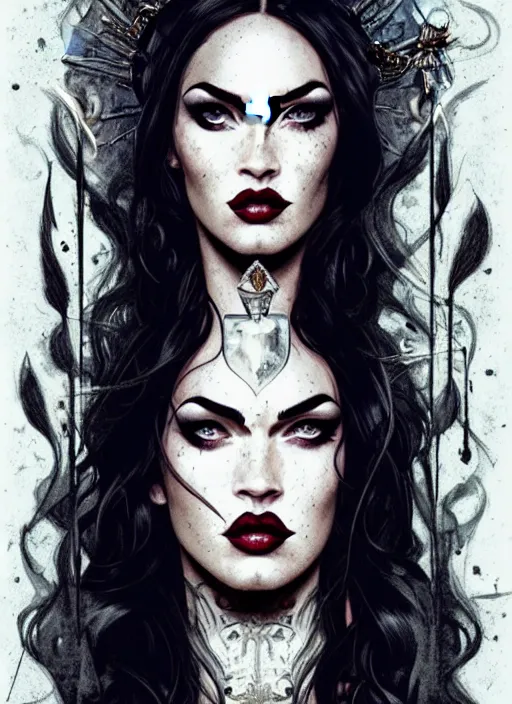 Prompt: megan fox witch queen, black eyes, blood, full body, intricate victorian dress, middle shot, cinematic lighting, symmetrical eyes, caravaggio, joshua middleton, rafael albuquerque, charlie bowater, moody lighting, candles