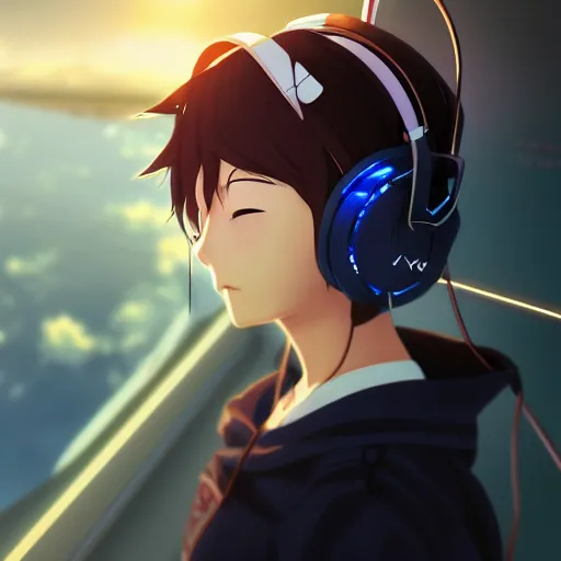 Image similar to an anime music producer with headphones on, official art, key visual, studio lightning, very detailed bd cover, Kimi no Na Wa, hyperrealistic, artstation, caustics, trending on Artstation, 8K, octane renderer, rtx on