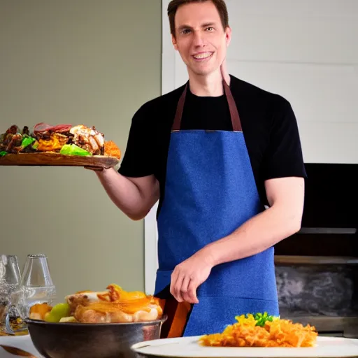 Image similar to photograph of jerma 9 8 5 wearing an apron, showing you a disgusting plate of food. 4 k