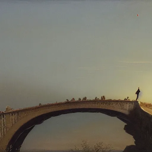 Prompt: A beautiful painting of person walking on the bridge , moon shining in the sky, trending on artstation, oil on canvas by Casper David Friedrich