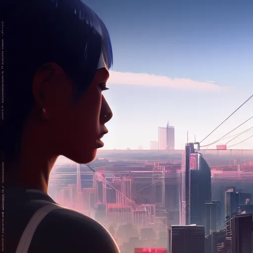 Image similar to a close up of a person with a city in the background, cyberpunk art by Ilya Kuvshinov, cgsociety, photorealism, ilya kuvshinov, cityscape, digital painting