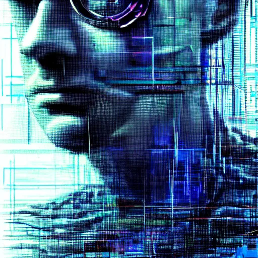 Prompt: hyperrealistic portrait of a cyberpunk man, long hair, by Guy Denning, Johannes Itten, Russ Mills, glitch art, hacking effects, glitch effects, digital tech effects, cybernetics, detailed lines, holographic, chromatic, color blocking!, oil on canvas, octane, concept art, abstract, blue and black, 8k, cinematic, trending on artstation