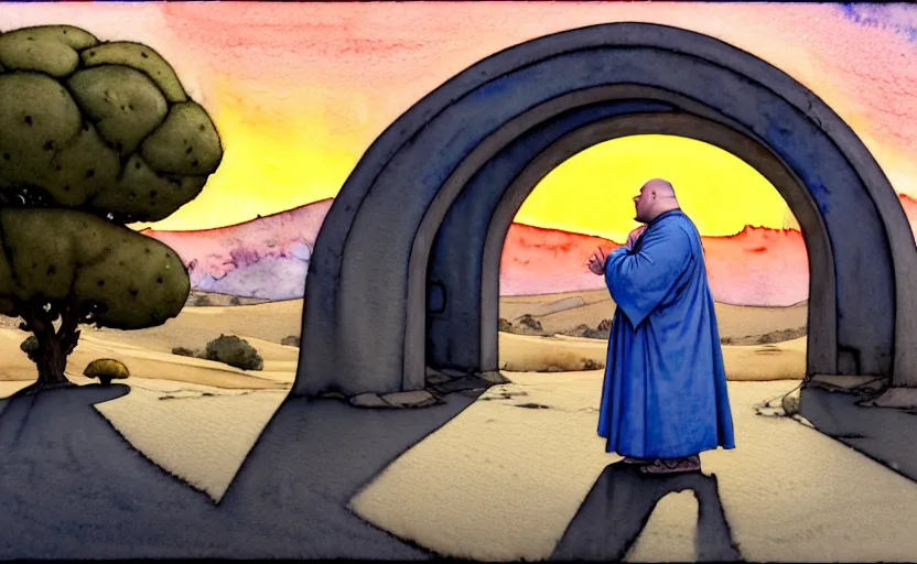 Image similar to a hyperrealist watercolor concept art of a fat medieval monk in grey robes on a bright blue sunny day in the desert. a dimensional portal in the shape of a tree arch is in the background and an orange sunset is seen through the portal. very muted colors, by rebecca guay, michael kaluta, charles vess. high detail, hq, wide shot, 4 k