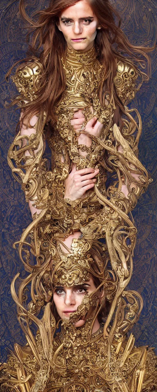 Image similar to photo photorealistic portrait photograph full body art nouveau portrait of Emma Watson ornate intricate golden battle armor, intricate, elegant, highly detailed, digital painting, artstation, concept art, smooth, sharp focus, illustration, art by John William Waterhouse and greg rutkowski and Donato Giancola and alphonse mucha Nick Knight, Herb Ritts