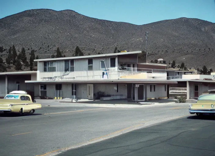 Image similar to a midcentury modern motel in reno nevada in the year 1 9 6 7