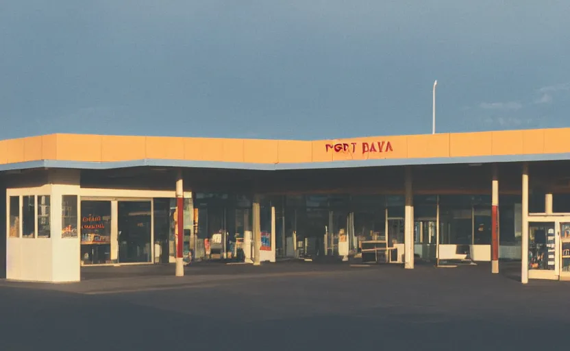 Image similar to cinematic still screenshot of the port byron travel plaza, shot by saul leiter, camera height 7 feet, moody cinematography, 2 4 mm anamorphic lens