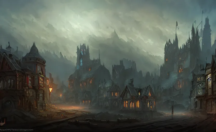 Image similar to extreme long shot concept art depicted old english majestic town, dramatic mood, overcast mood, dark fantasy environment, dieselpunk, art by legends of runeterra and league of legends and arcane, art by tony sart, trending on artstation, unreal engine, golden ratio, spectacular composition