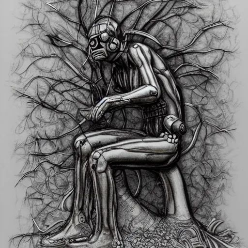 Image similar to A Cybernetic Thinker sculpture, sitting in a open forest, mushrooms and peyote at the base, high detail, b&w, ornate naturalist sketch