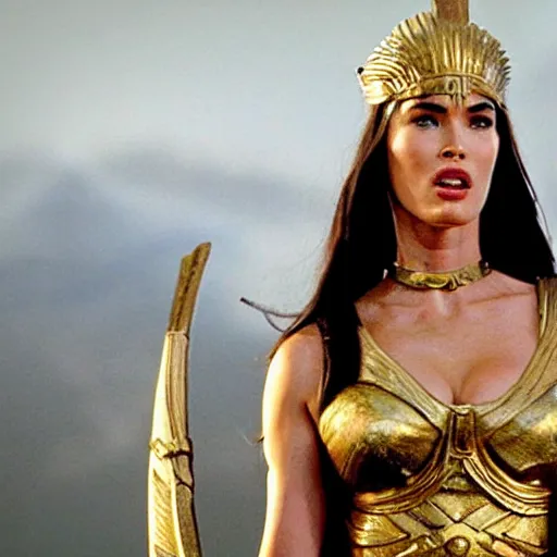 Image similar to megan fox as the greek goddess athena in battle, scene from live action movie