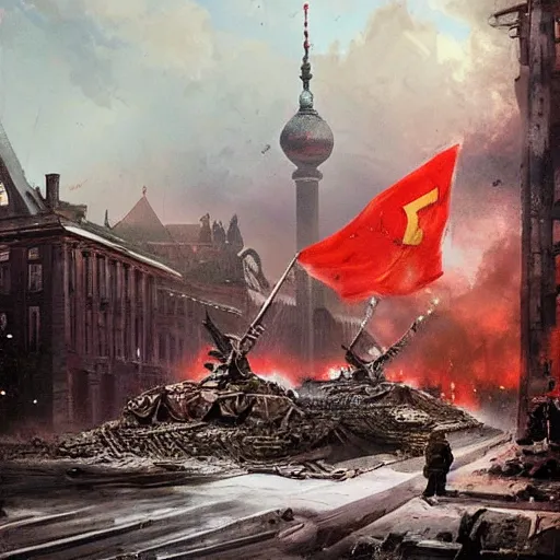 Image similar to berlin been destroyed by the soviet arteries in 1 9 4 4 in one of the soviet armies raising the soviet flag in the background by greg rutkowski