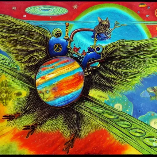 Image similar to a mouse wearing steampunk wings flying through Jupiter, fantasy illustration, Louis William Wain