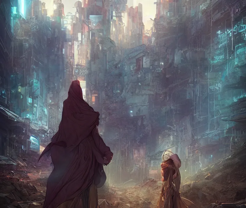 Prompt: a cloaked adventure standing in a winding road leading to the ruins of a postcyberpunk city, desolate. digital illustration, octane render trending on arstation by artgerm, raphaelite and mucha