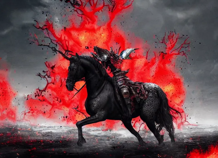 Prompt: a large man in full plate of black armor, splattered in blood, steaming rising, riding a large black horse with red glowing eyes and red wisps emanating from horses eyes, blackened clouds cover sky crackling with lightning and rain in the distance, a castle in distance in flames and ruins, the ground is dark and cracked,