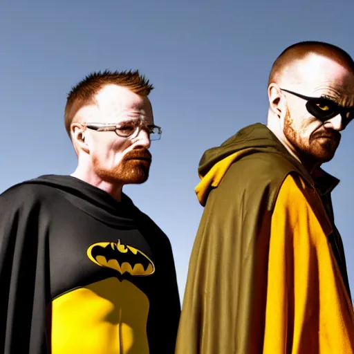 Prompt: Walter White as Batman and Jesse Pinkman as Robin, 8k, high definition, highly detailed, photo realistic