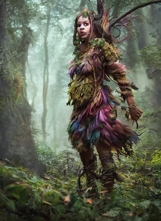 Image similar to detailed full body concept colorful fantasy painting of a forest huntress, cinematic lighting, hyperdetailed, 8k, high resolution, insanely detailed and intricate, octane render