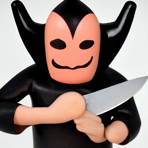 Prompt: vinyl designer toy, character head shaped as crescent, with hands and legs growing from head, creepy smiling evil face with wrinkles, holds a small knife in hand