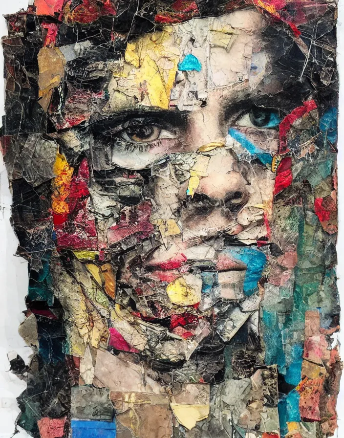 Prompt: double coloured nihilist boy in law detailed analogue mixed media collage with canvas texture in style of contemporary art, punk art, hyperrealistic beautiful face, photorealistic, expressionism, masterpiece, perfect composition, spectacular quality torn paper, intricate oil details, broken glass