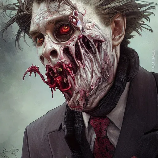 Prompt: a zombie in a business suit, artists portrait, fantasy, highly detailed, digital painting, concept art, sharp focus, depth of field blur, illustration, art by artgerm and greg rutkowski and alphonse mucha