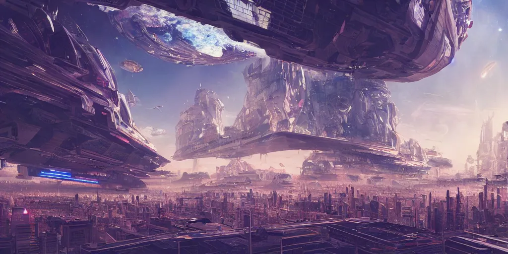 Image similar to a huge bustling futuristic space station at the edge of the universe, filled with people and shops and bars and neon signs, where the horizon of apocalypse of the gods clashes upon, megastructure, immaculate highly detailed gloss rendering, marc simonetti, shinkai makoto, federico pelat, alena aenami, donna haraway