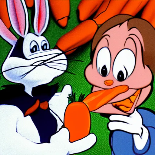 Prompt: jerma 9 8 5 and bugs bunny eating carrots together