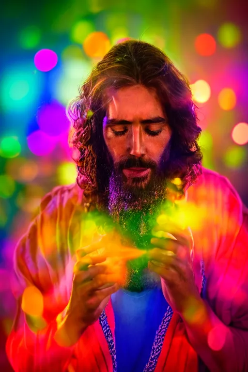 Image similar to studio photo of jesus smoking weed, colorful lighting, bokeh, 3 5 mm, dramatic ligting,