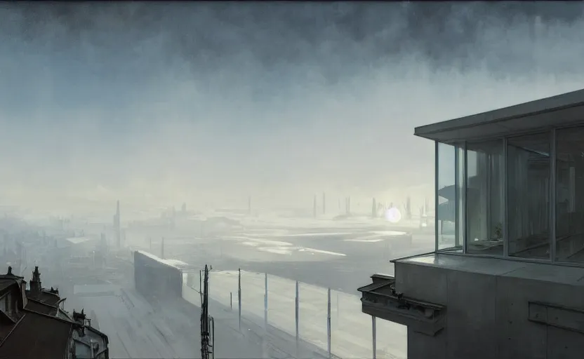 Image similar to painting of a wide angle exterior shot of a white modern architecture with cinematic lighting by peter zumthor and renzo piano, darek zabrocki and greg ruthkowski, alphonse mucha, simon stalenhag and cinematic and blue cold atmospheric, archillect concept art, artstation, trending on artstation