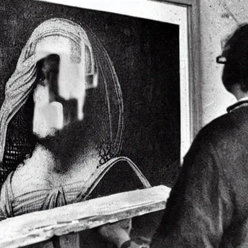 Image similar to old vintage photo from behind of leonardo da vinci painting his unfinished painting of monalisa