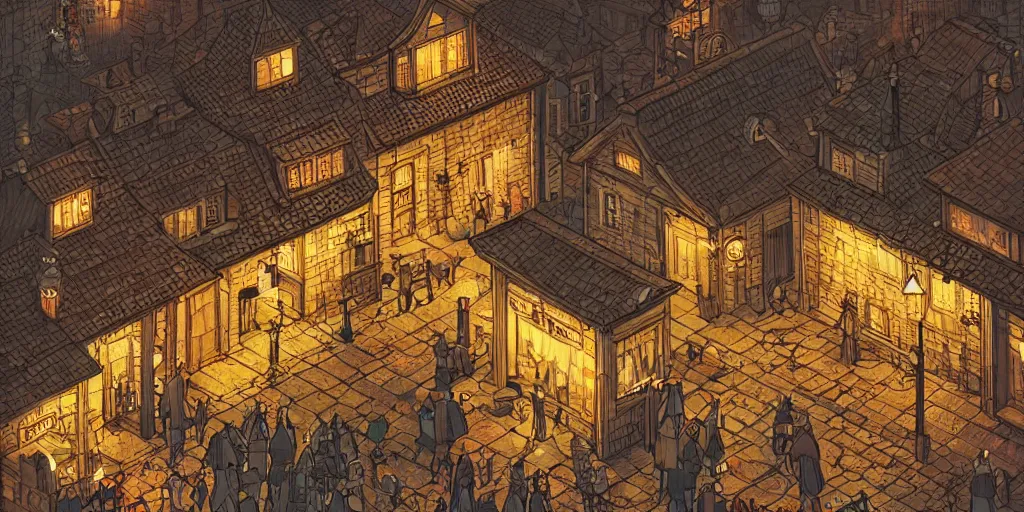 Prompt: isometric view illustration of a medieval village street corner, highly detailed, dark, gritty, at night, glowing lamps scattered around, by Victo Ngai