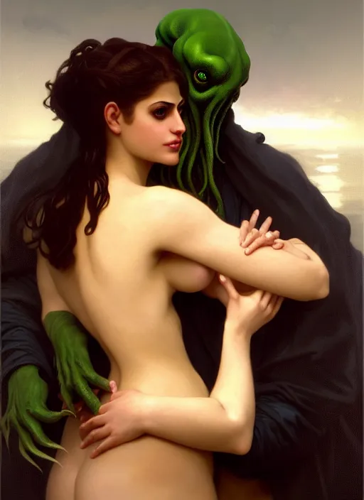 Image similar to mills and boon romance novel cover with cthulhu!! and eva mendes, they are in love, by william - adolphe bouguereau, john singer sargent, digital painting, artstation, concept art, smooth, sharp focus, warm lighting,