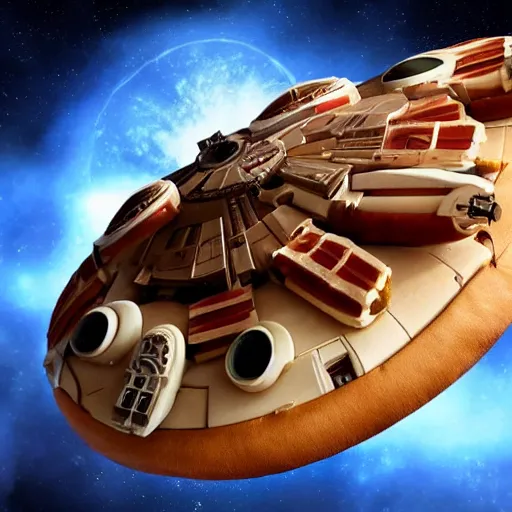Prompt: a millennium falcon made of atom sized hot dog flying in a see of sad people dream