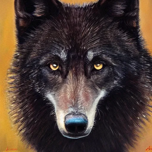 Prompt: Detailed portrait of a beautiful black wolf, dramatic lighting, dark background, bokeh, hyper realistic, HD, oil on canvas