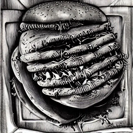 Prompt: juicy beef burger, by hr giger