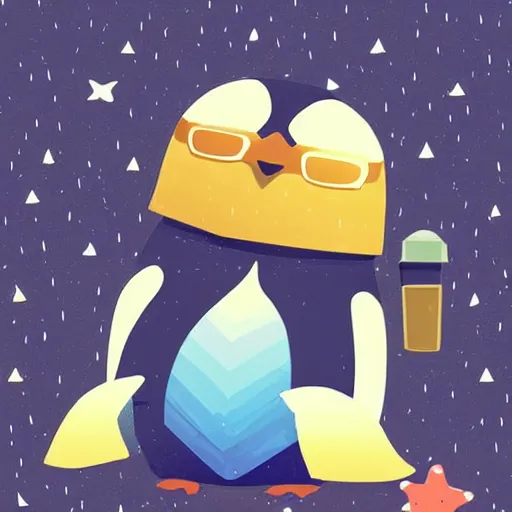 Prompt: digital art of a cute and small penguin sitting outside on a chair at night wearing sunglasses!!! detailed, bright stars, trending on artstation, digital art, vector art, by emiliano ponzi, trending on polycount, private press, low poly, 3 d, sketchfab