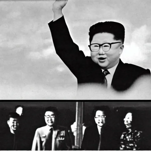 Image similar to rare vintage footage of a Kaiju Starfish monster overshadowing Kim Jong-il, obscured underexposed view