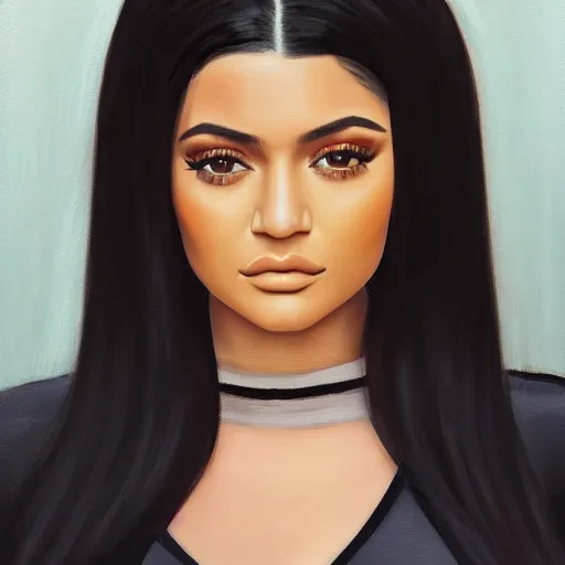 Prompt: a symmetrical portrait of a kylie jenner, oil painting, pale colors, high detail, 8 k, wide angle, trending on artstation,