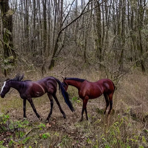 Image similar to two dead horses with many feather arrows on their body, lying on the woods path, dense thickets on each side, photo, 8 k