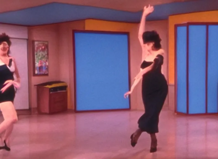 Prompt: Funny TV show in 90s. Color VHS footage. A beautiful woman dancing on the small stage in the TV studio.
