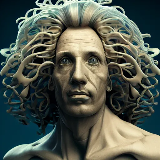 Image similar to masterpiece portrait ethereal biomechanical einstein with incredible technological hair, crystal incrustations, hyper - detailed face, elegant posed, intricate, octane render, cinematic lighting, cgsociety, unreal engine,