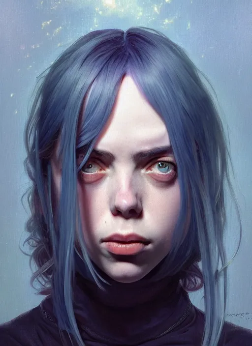 Image similar to Overlord Billie Eilish, body portrait, slight smile, highly detailed, digital painting, artstation, concept art, sharp focus, illustration, art by wlop and greg rutkowski and alphonse mucha and artgerm