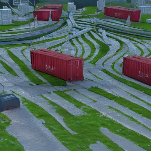 Image similar to a scifi container with power cables coming out of it, in the middle of a large park with paths and families around it, in style of Isaac Zuren, 4k