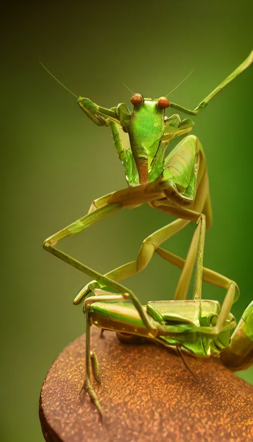 Prompt: detailed macro photography of green and gold praying mantis, bokeh, glowing fog, trending on artstation