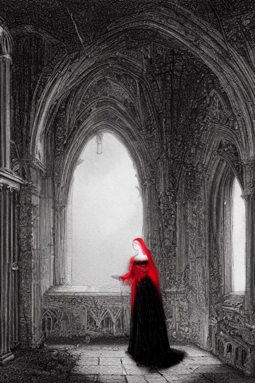 Image similar to baroque gothic woman wearing red silk and black lace, lit by a single candle, inside a ruined abbey, a crow watching, gustave dore, 4 k resolution, concept art, mist, autumnal, chiaroscuro,